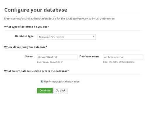 Umbraco install database screen